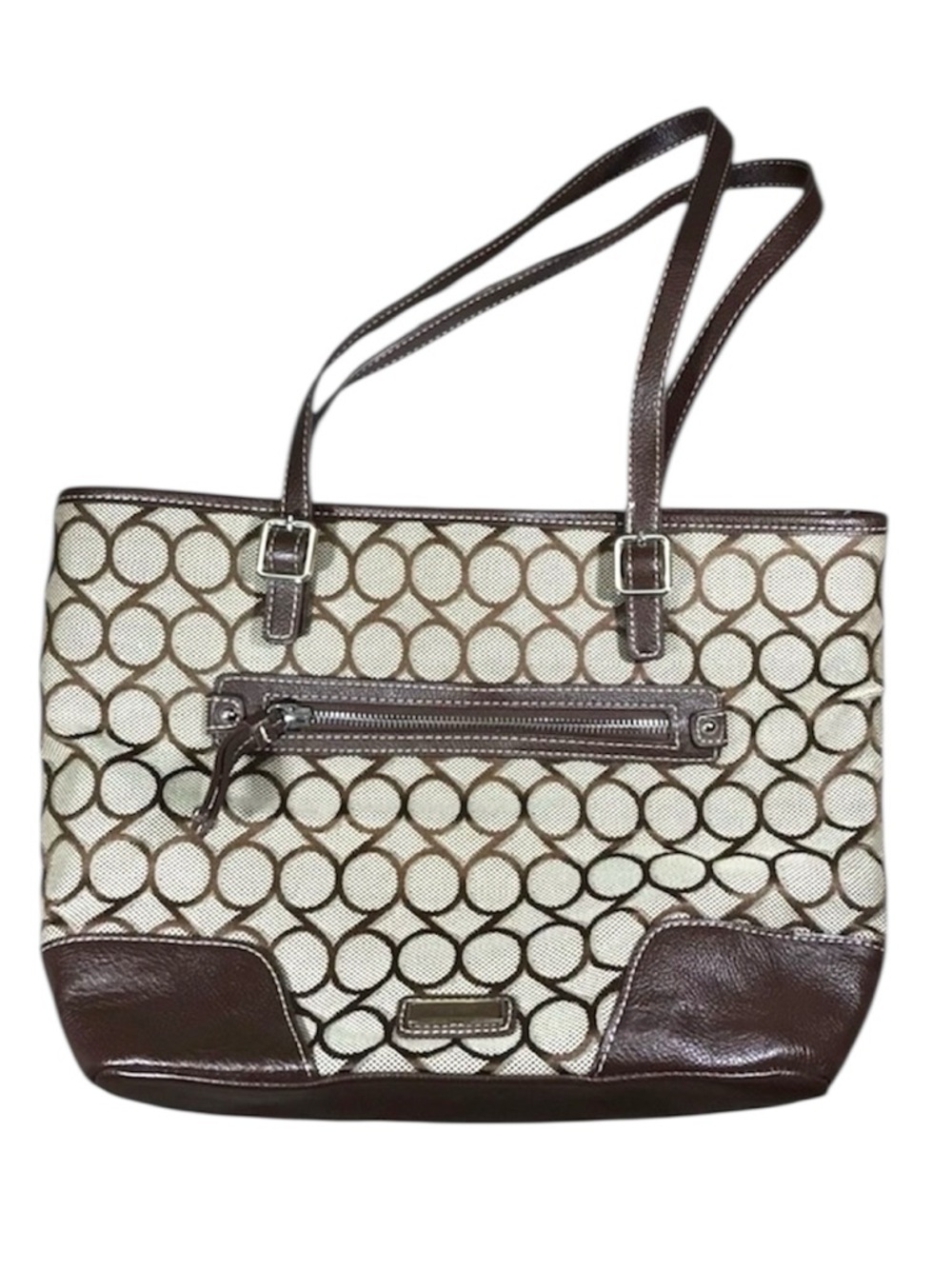 Nine West Brown Tan Logo Tote Shoulder Bag Monogram Canvas Large Purse